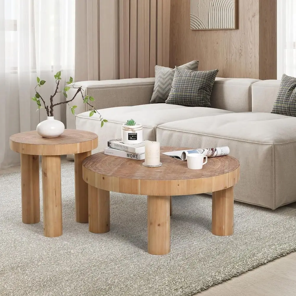 Round Natural Wooden Farmhouse Coffee Table Set with Rustic Style and Solid Legs for Living Room
