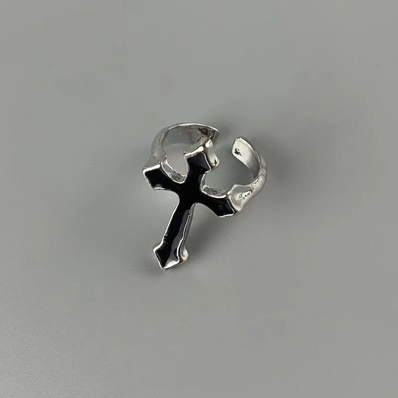 Hip Hop Punk Black Cross Open Rings For Women Trendy Party Jewelry Vintage Gothic Metal Jesus Cross Men\'s Finger Ring Male Gift