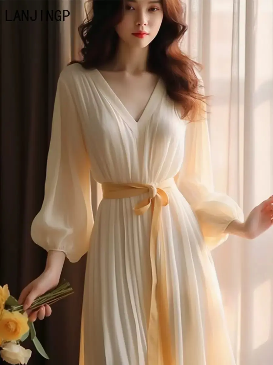 

Milk apricot v-neck bubble sleeve chiffon dress 2025 spring women's high-end exquisite dress long skirt