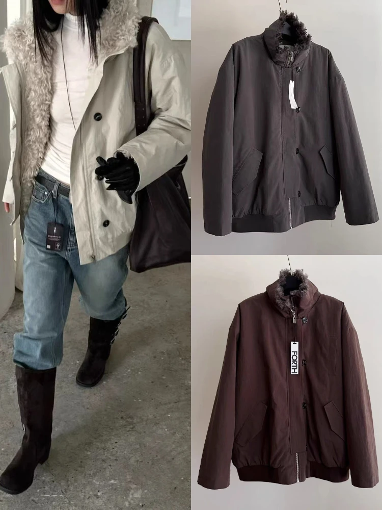 

East Gate Casual Workwear Sle Women's Parka Jaet Stand Collar Furry Inner Coat Long Sve Loose Fit Autumn Outerwear