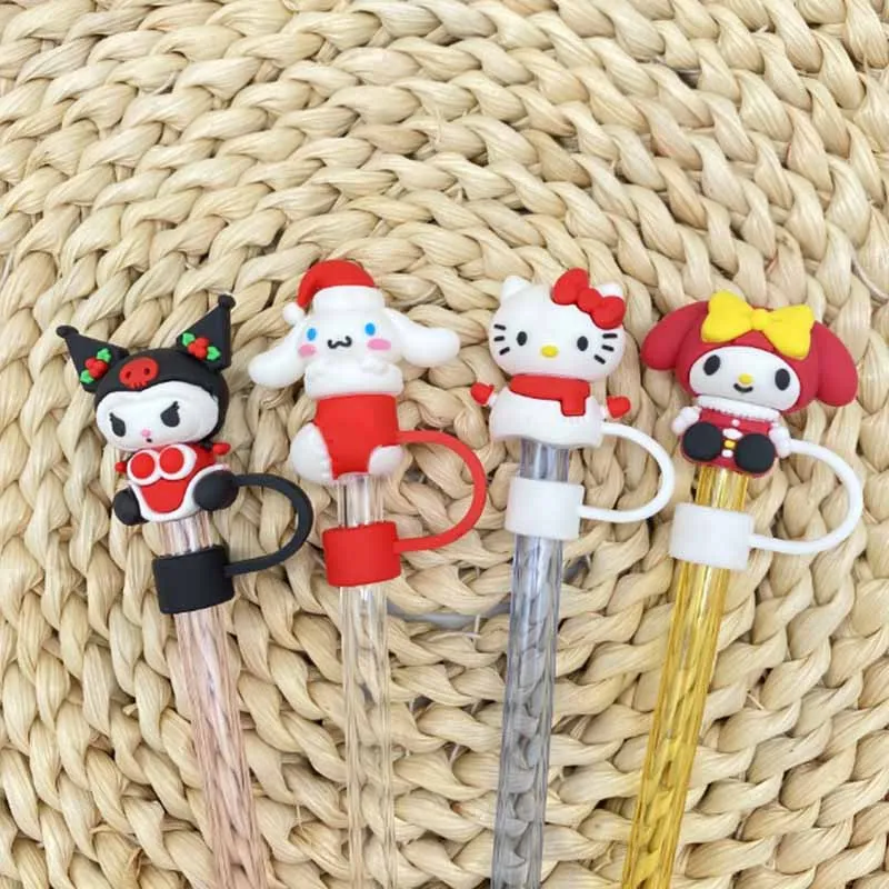 MINISO Christmas Straw Cover Cap Kuromi Hello Kitty My Melody Cinnamoroll Tumbler Silicone Straw Covers Charms Pendant Gift