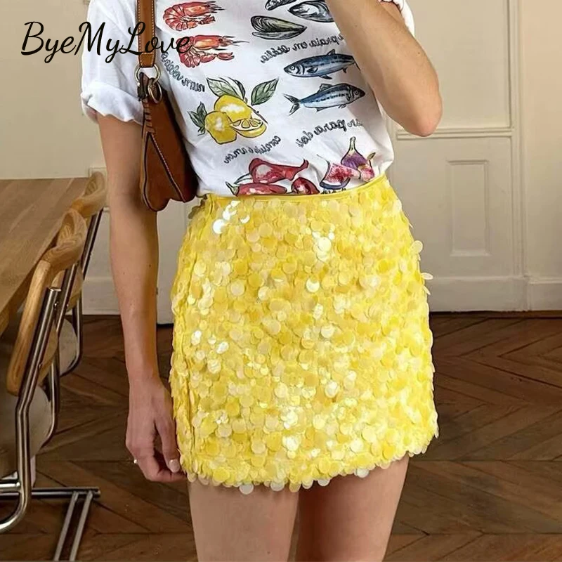 ByeMyLove 반짝 이는 스팽글 미니 스커트 반짝이 파티 스커트 여성용 하이 웨이스트 디스코 짧은 스커트 Night Out Clubwear