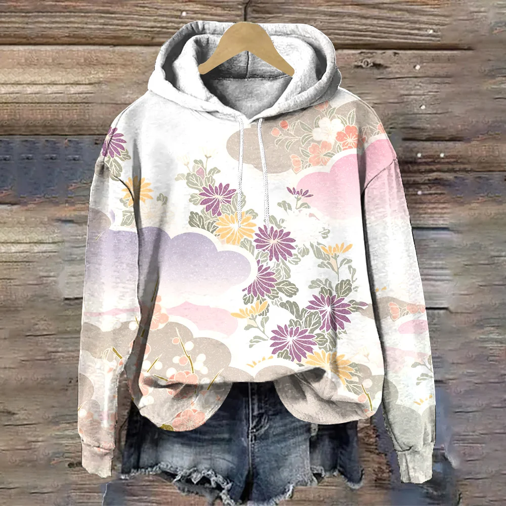 Exquisite Flower Print Harajuku Pullover Hoodies Fashion Autumn/Winter Women\'s Sweatshirts Loose Long Sleeves Women\'s Hoodie