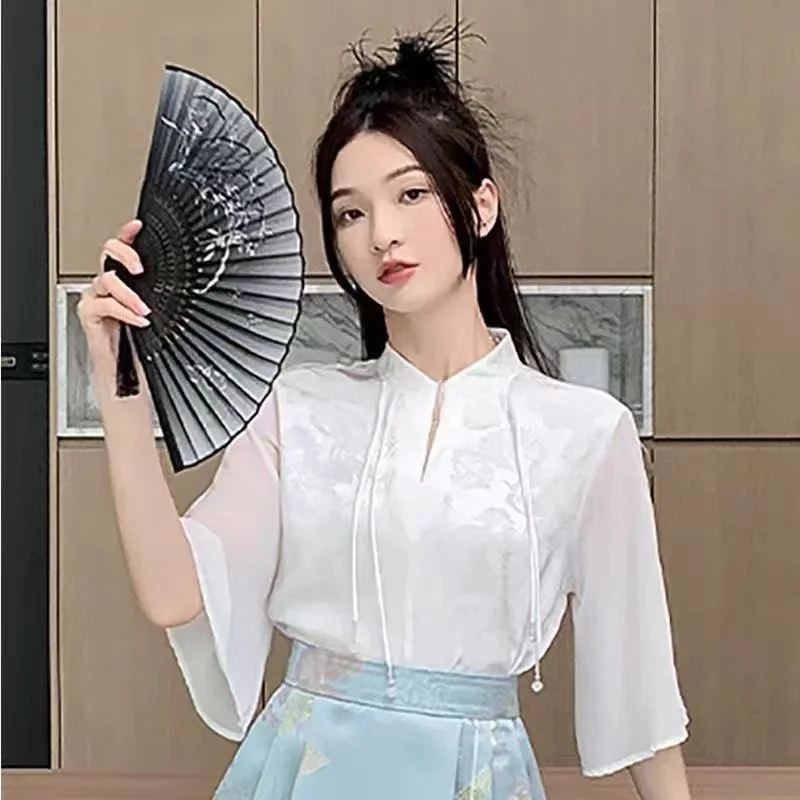 Zomer Chinese Hanfu Paardengezicht Rok Set Jacquard Wit Shirt TopTraditionele Damesoutfits Hoge Taille Internet Rood Uniform