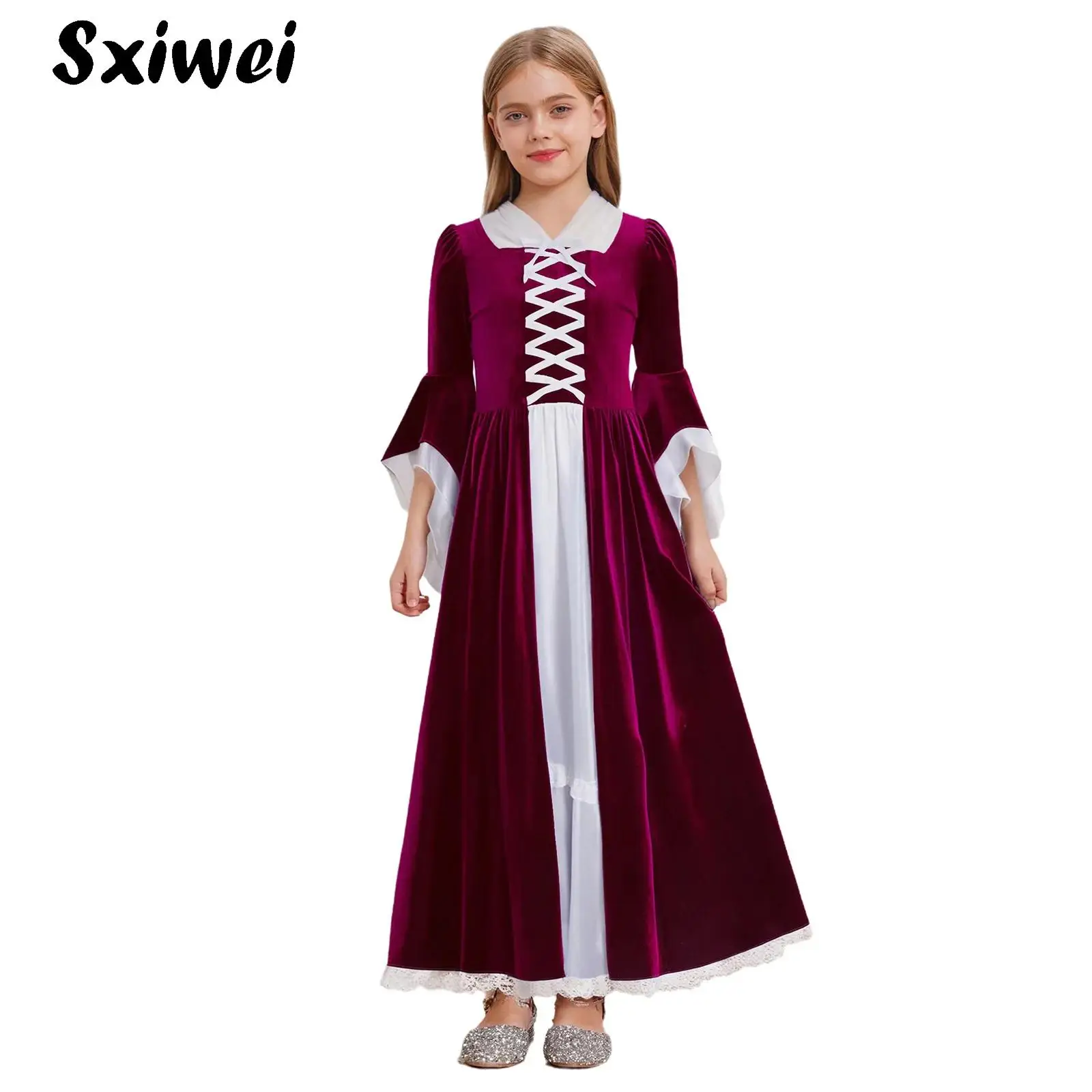 

Velvet Girls Medieval Princess Costume Vintage Renaissance Flare Sleeve Royalty Princess Long Dress Halloween Carnival Dress Up