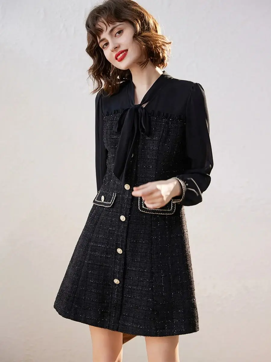LOUIS YAO Women Dress 2024 New Arrival Elegant Bow Lace-up Long Sleeve V Neck A-line Office Lady Short Women\'s Dressce Lady