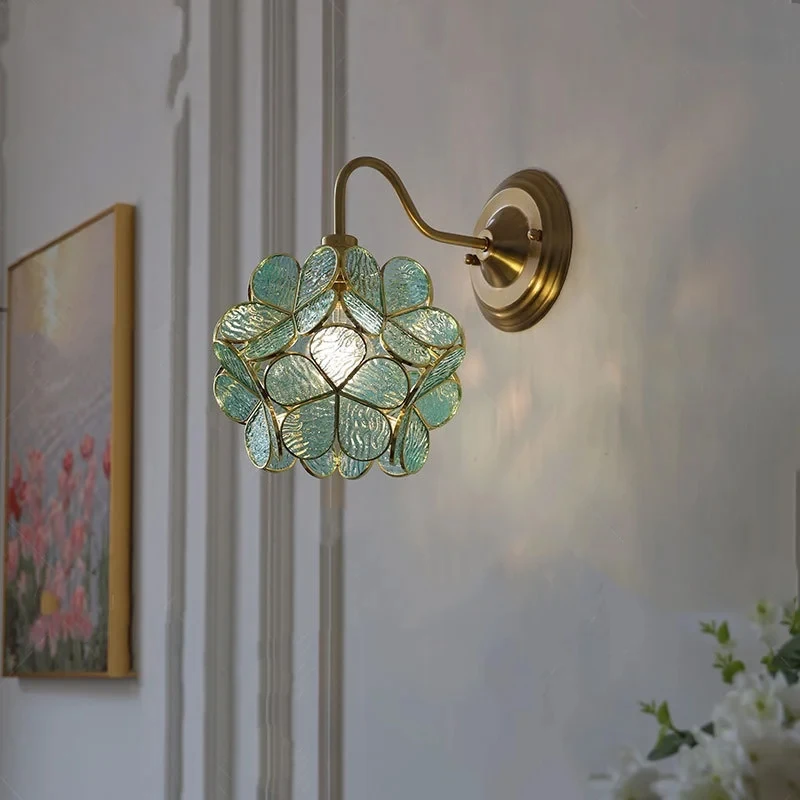 Pink Glass LED Wall Light Fixture Bar Restaurant Coffee Flower Ceiling Light Copper Home Decor Bedroom Bedside Bulb Pendant Lamp
