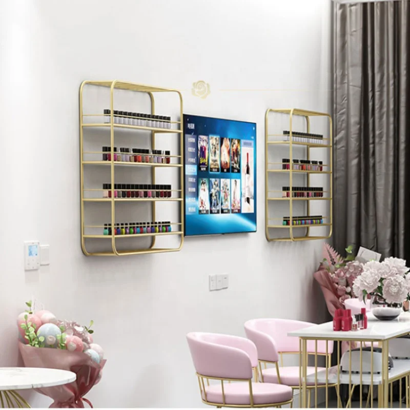 custom，Customized Gold Luxury Wall Mounted Nail Polish Display Rack Nail Salon Store Furniture