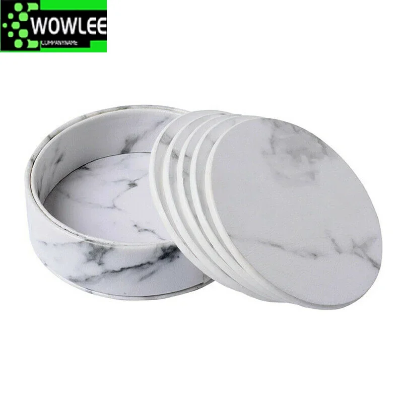 6PCS Hot Sale PU Leather Marble Coaster Drink Coffee Cup Mat Easy To Clean Placemats Round Tea Pad Table Holder Coasters