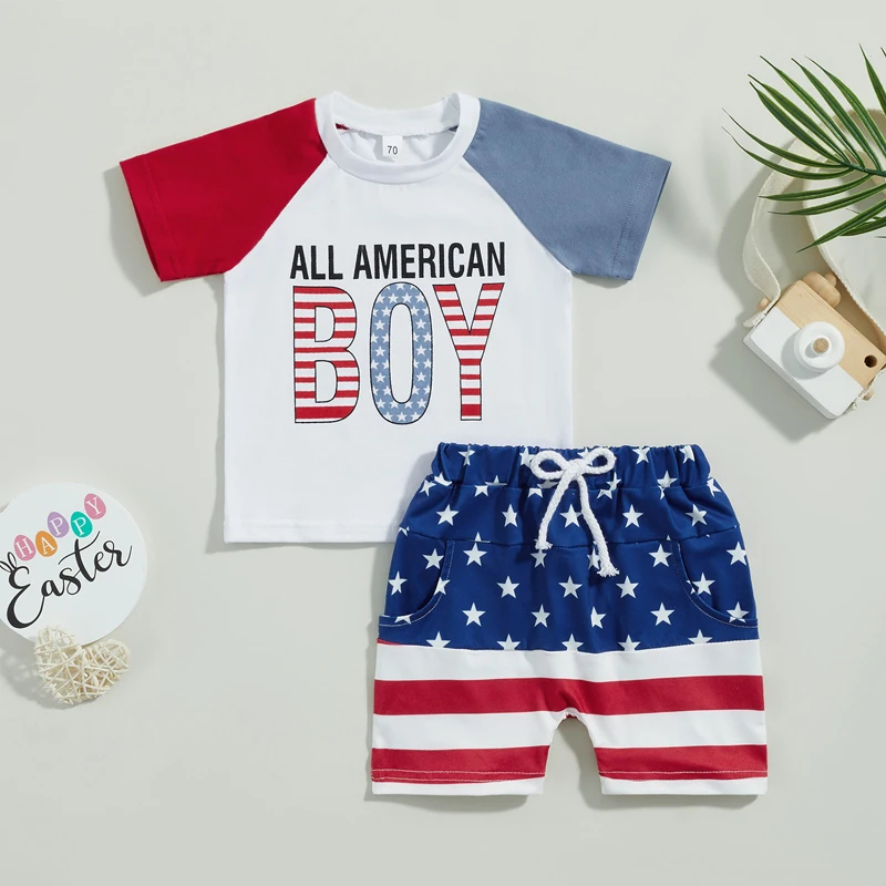 Toddler Baby Boy 4th of july Outfit USA Embroidery Short Sleeve T-Shirt Shorts Set Patriotic Outfit