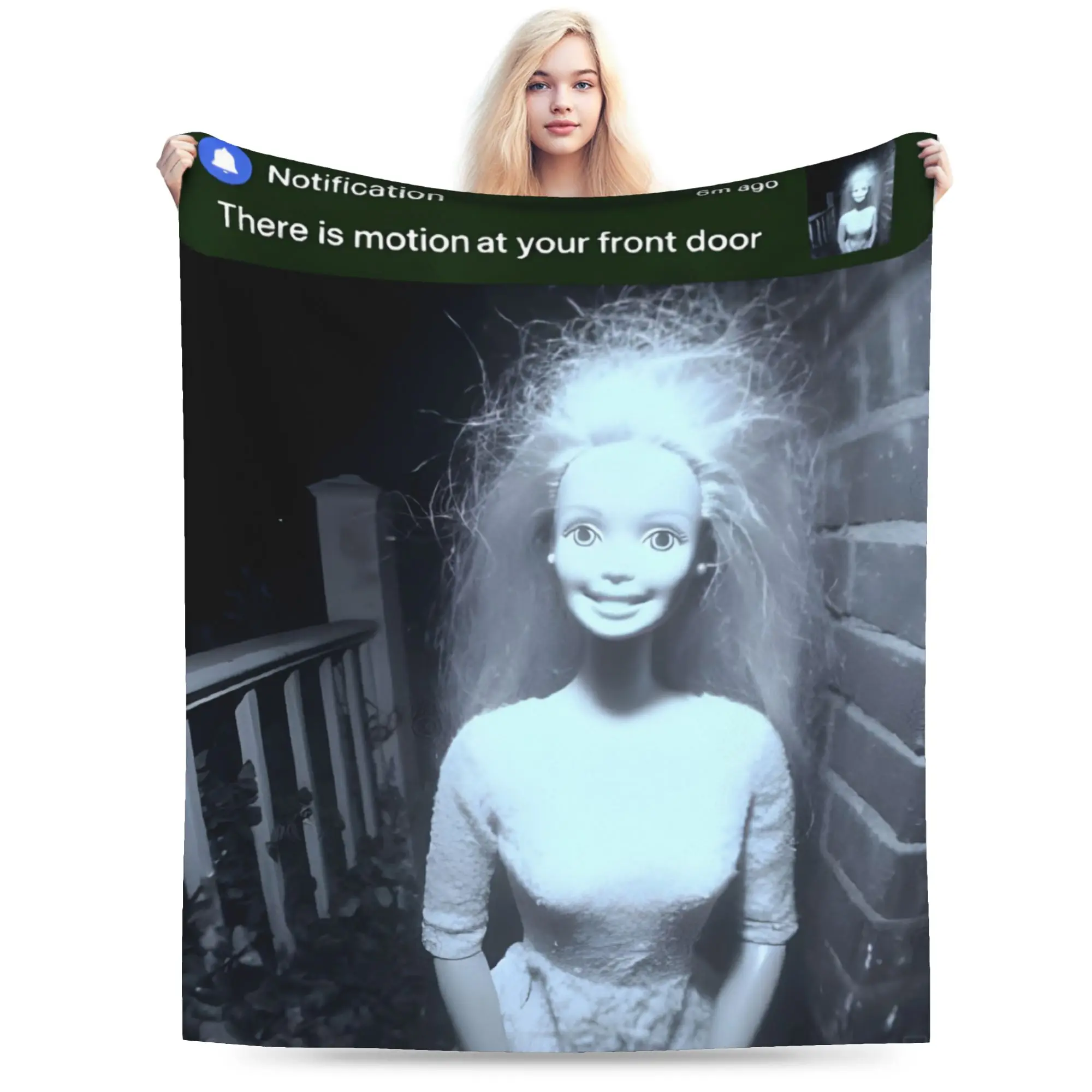 there is motion at your front door creepy doll face meme  Blankets Ultra-Soft Flannel Novelty Present  Throw Blankets Rug Piece