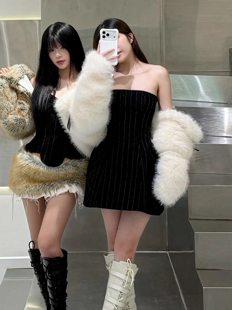 

Striped Bandeau Dr Women's Autumn Winter High End Lightweight Ele Sexy Waist Cinching Slimming Skirt Luxury Faion