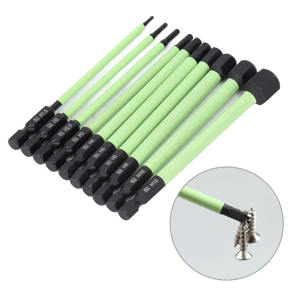 10pcs Magnetic Tips Hex Drill Bit Set S2 Alloy Steel 100mm Long Impact Hex Drill Bit Latest Version Black H1.5 To H12