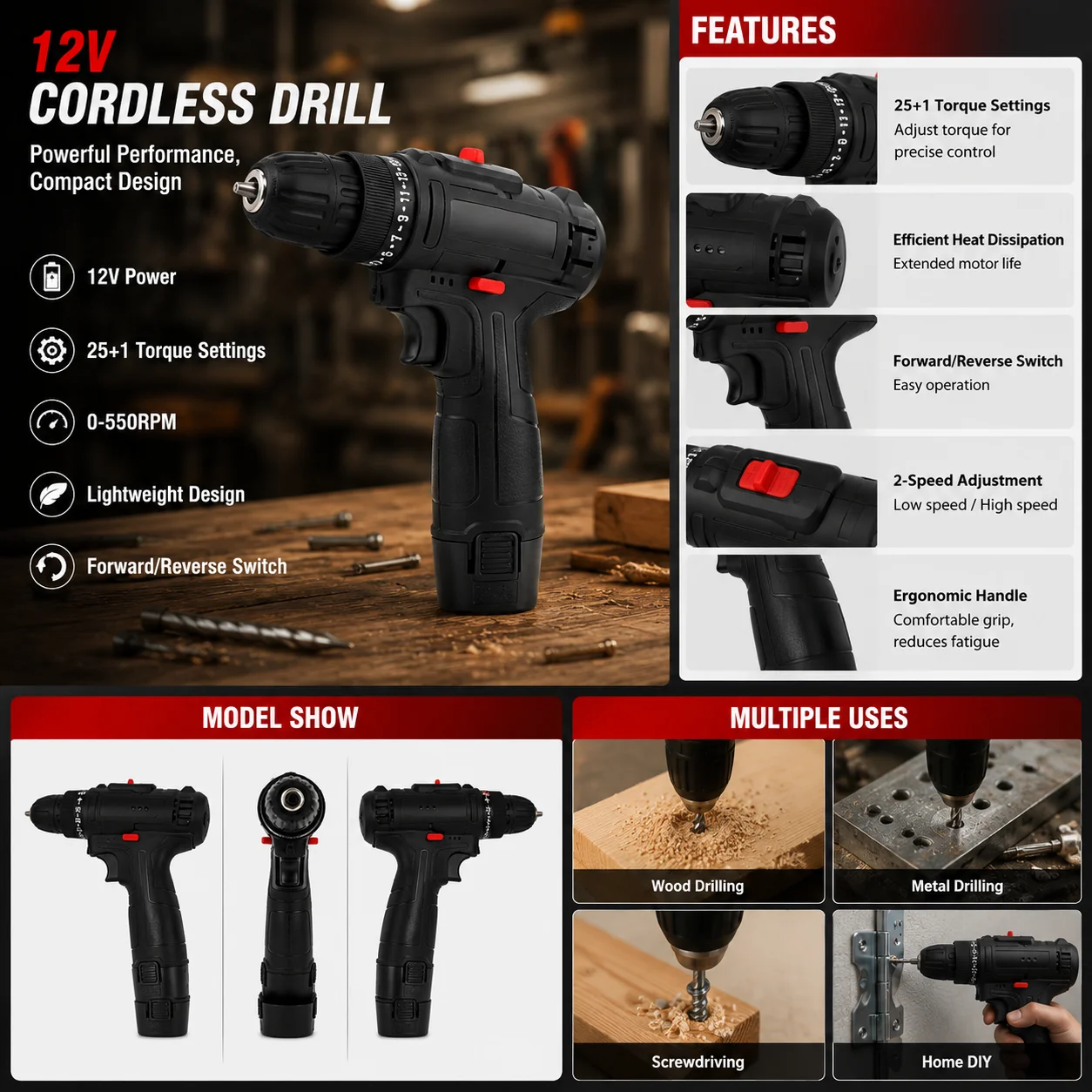 2026 NEW 12V Lithium Multifunctional Cross-Border Rechargeable Hand Electric Drill Household Wireless Two-Speed Adjustment