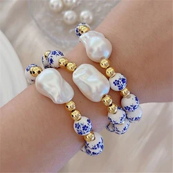 Imitation Baroque Pearl Bracelet Elastic Rope Fashion Simple Beaded Blue and White Porcelain Bracelet s Jewelry Accessories