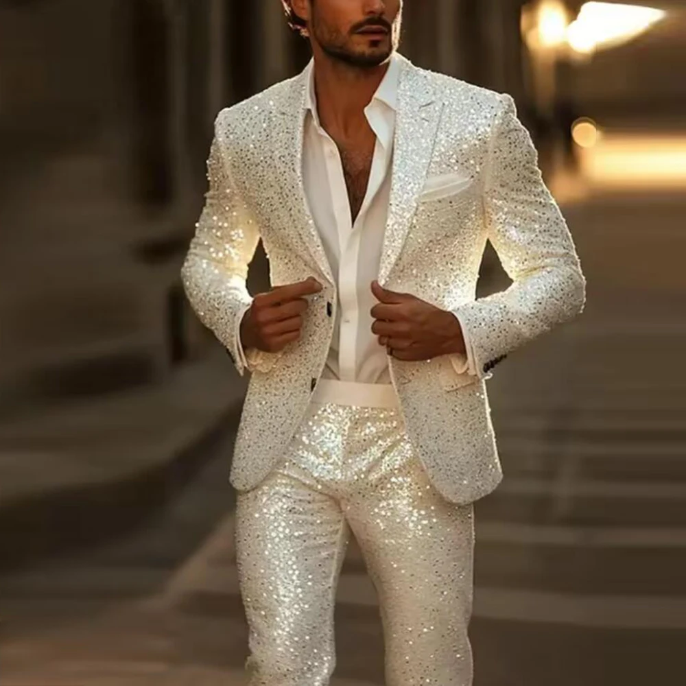 

Attractive Seuqined Suit Men For Wedding 2 Piece Set Single Breasted Prom Blazers Customized Man Dinner Party Tuxedo Ropa Hombre