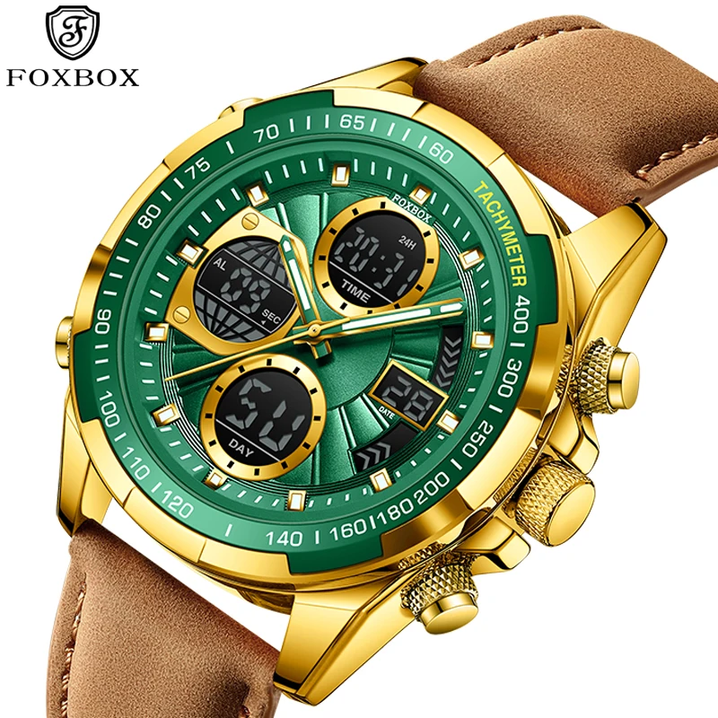

FOXBOX 2025 Роскошные мужские часы, водонепроницаемые, светящиеся, с датой недели, кварцевые кожаные часы с двойным временем для мужчин, relogios masculino + коробка