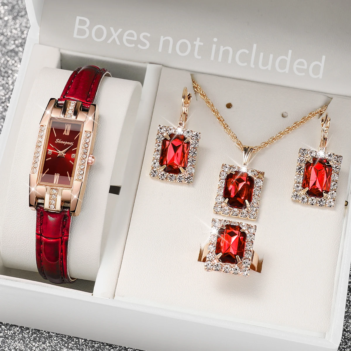 ساعة كوارتز مستطيلة من جلد البولي يوريثين للنساء مع مجموعة مجوهرات غير مدرجة ، الموضة ، 5 في كل مجموعة