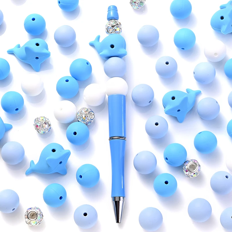 52Pcs Cute Cartoon Whale Silicone Beads Colored Round Focal Beads For Jewelry Making DIY Keychain Necklace Bracelet Accessories