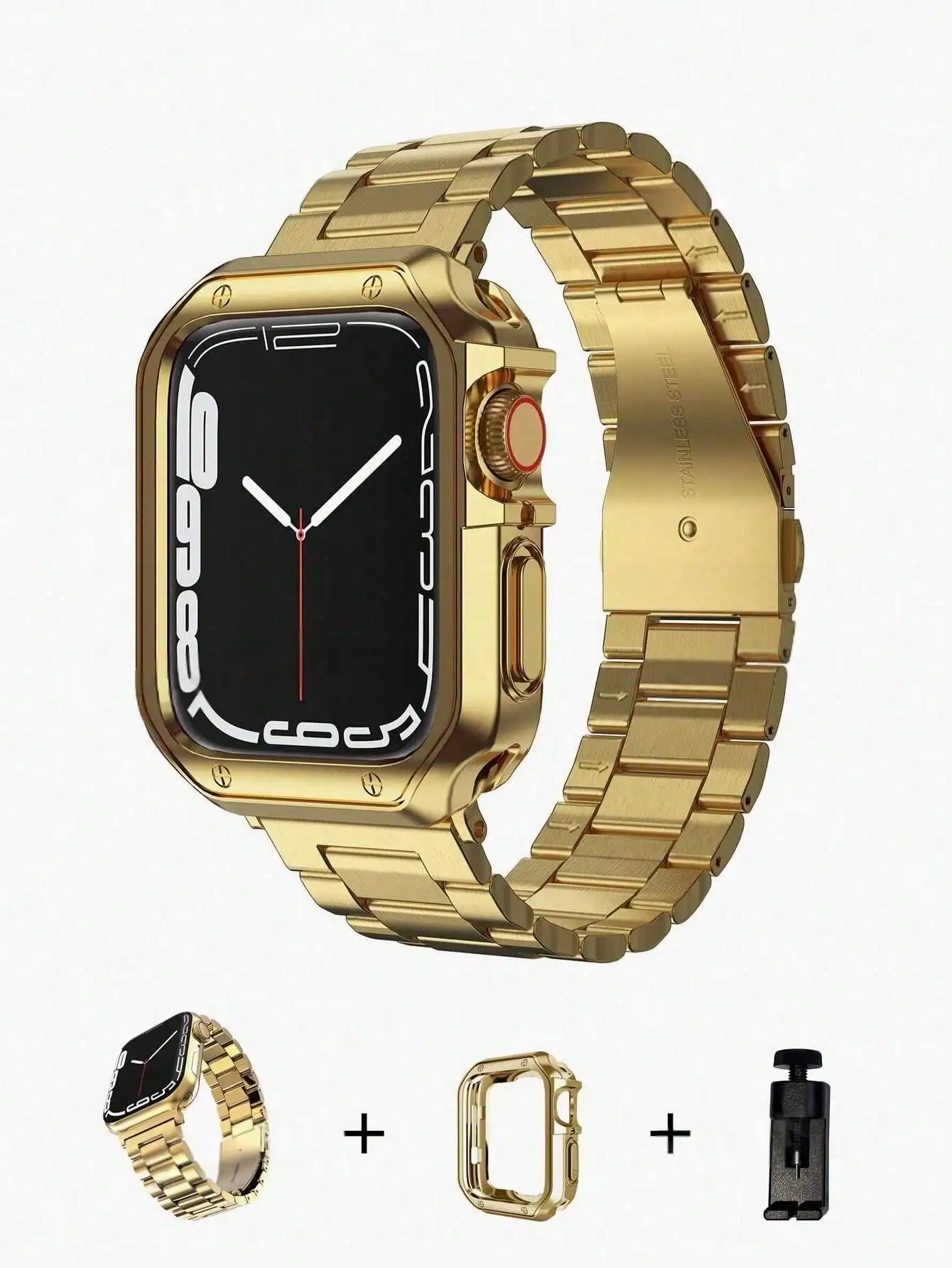 

2pcs Luxury Gold Stainless Steel Watch Band With TPU Case, Suitable For Apple Watch 38mm 40mm 41mm 42mm 44mm 45mm 49mm Series, Fashionable Smart Watch Band, Watch Accessories, Metal Watch Strap Replacement, Suitable As Christmas, Birthday, Anniversary Gif