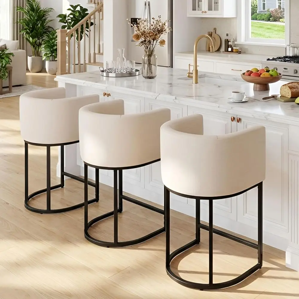 

Linen Fabric Upholstered Counter Stools Set of 3, 24 Inch High Kitchen Island Chairs with Black Tubular Legs, Cream