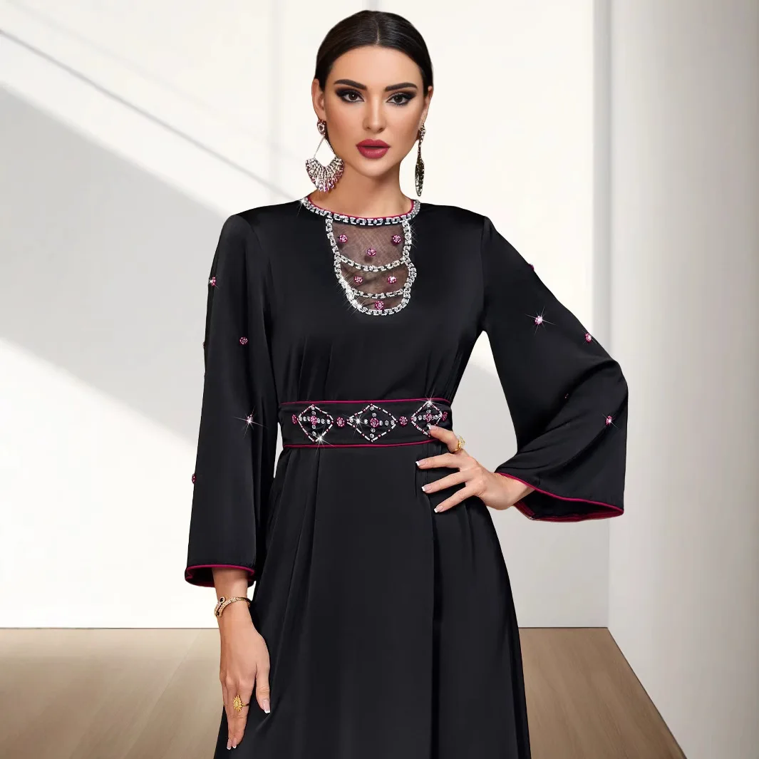 BA4062 Black Satin Splicing Mesh Hollow Collar Diamond Dress Robe