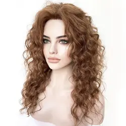 Perruque Lace Front wig sans colle pour femmes, perruque synthétique bouclée, douce, avec Baby Hair, naissance des cheveux naturelle, brun gingembre, qualité supérieure