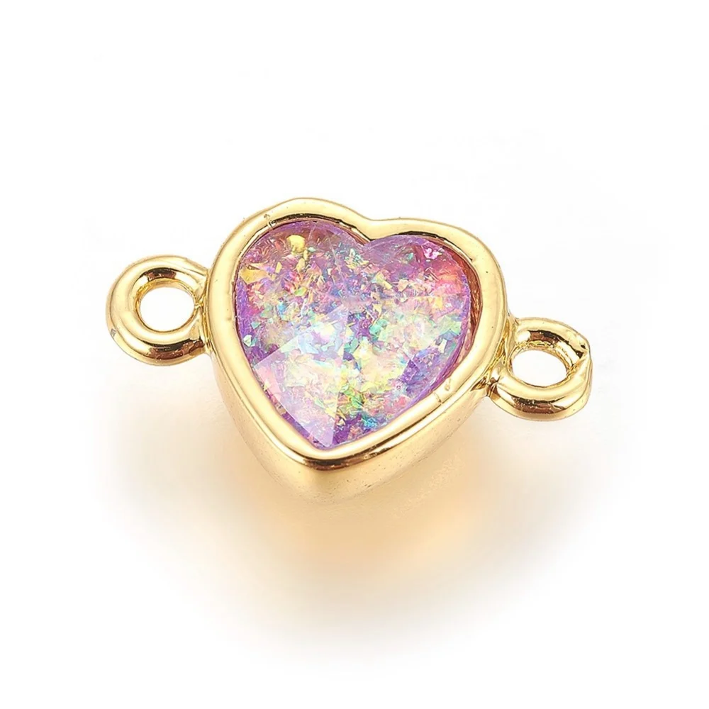 1PC Synthetic Opal Links connectors with Brass Findings Heart Golden Purple 8x12.5x4.5~5mm Hole: 1.2mm