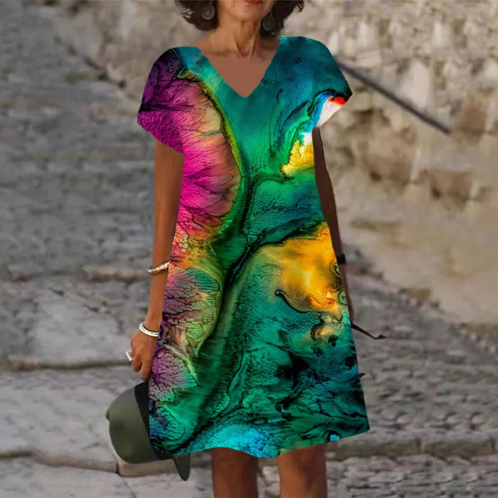 2023 Summer Casual Women streszczenie lakierowany nadruk sukienka trapezowa słodki casualowy krawat barwnik Rainbow Splash-Ink Dress V-Neck luźne