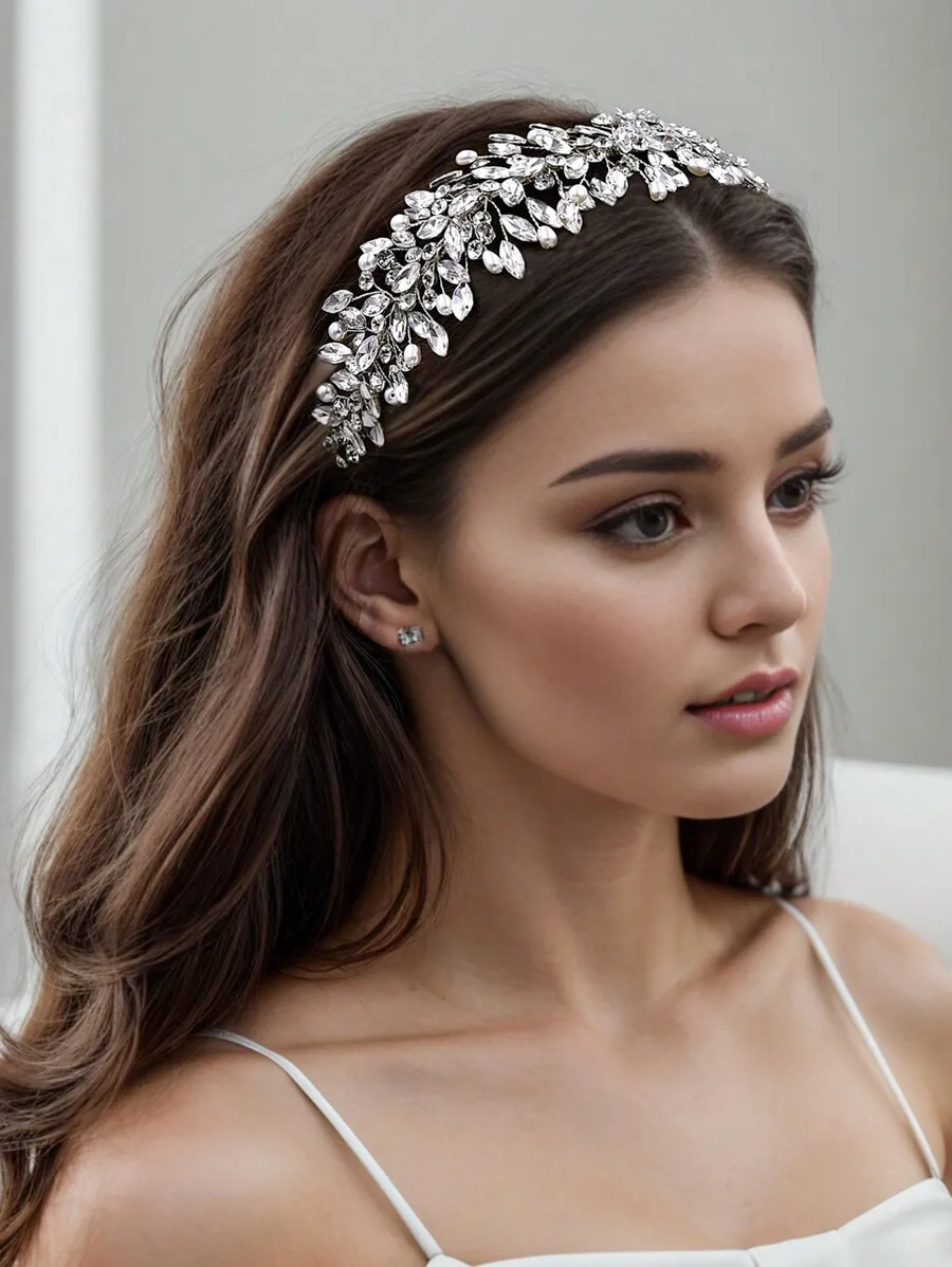 

Handmade Rhinestone Pearl Bridal Hairband Silver Metal Wedding Headband