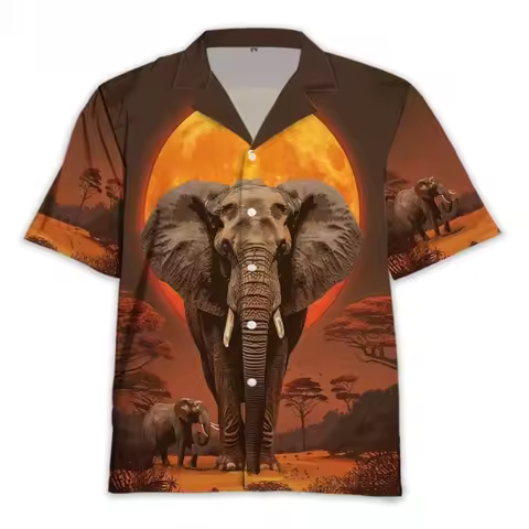 Retro Elephant Beach Shirt Mens Flowers Print Vintage Casual Shirts Hawaii Short-Sleeved Breathable Vintage Blouses Gift Idea