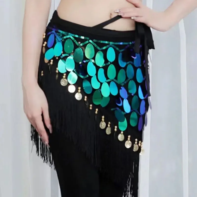 

Women Shiny Sequins Belly Dance Glowing Skirt Adult Uniform Rave Carnival Lady Wrap Towel Hip Scarf Skirt Lesson Class Wear Belt