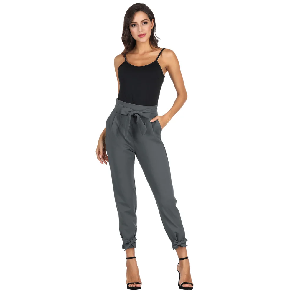 GK-Pantalon capri taille haute avec nœud papillon pour femme, pantalon crayon décoré, streetwear monochrome, ceinture décontractée, vêtements