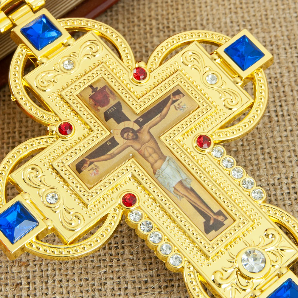 HTISOK Orthodoxes Christliches Kreuz-Anhänger, vergoldet mit Edelsteinen und Strasssteinen, Orthodoxes Geschenk für Pastor, Ostern, Hochzeit, Kirche – Detail 4
