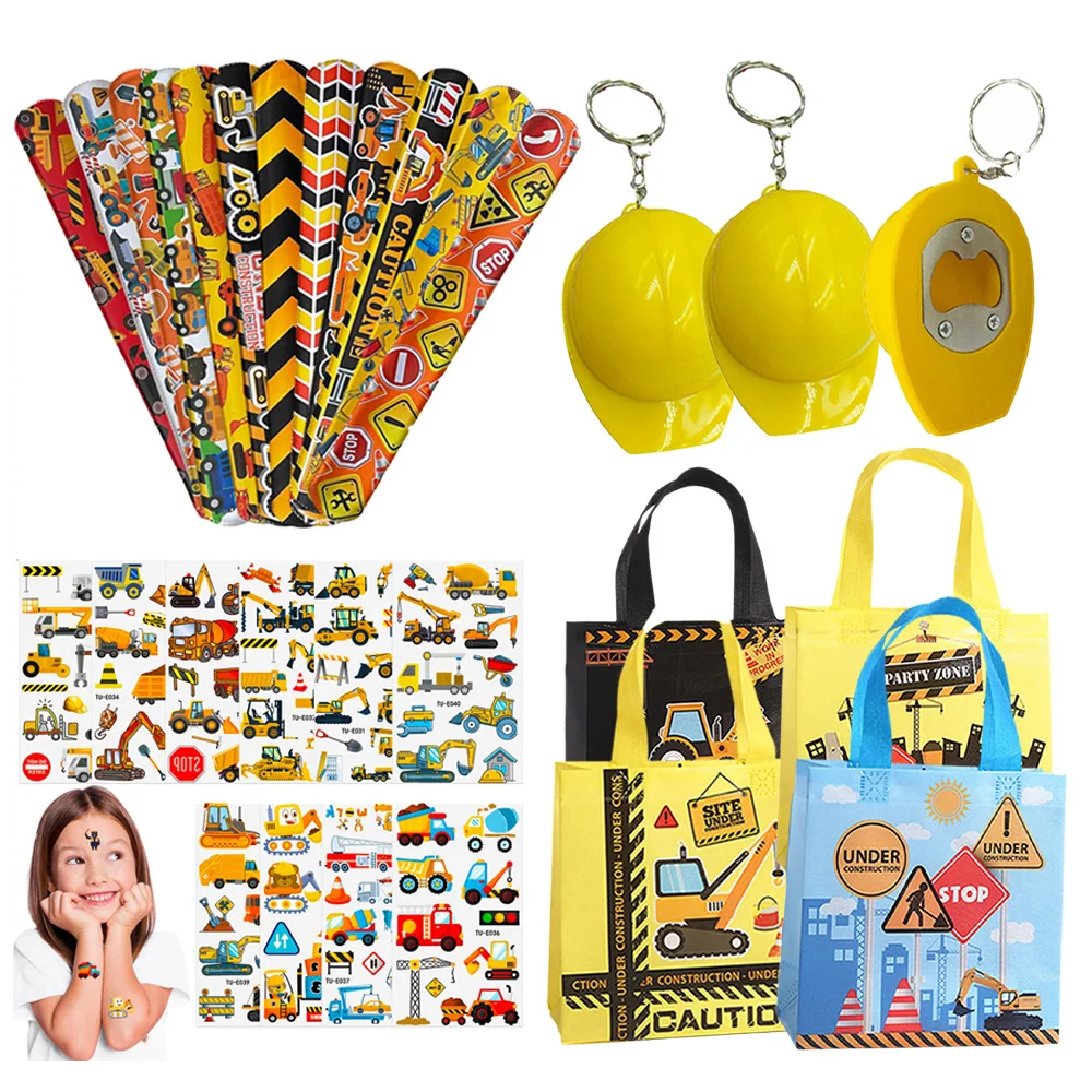 

Construction Birthday Party Non-Woven Gift Bag Slap Bracelets Stickers Clothing cap Cake Vehicles Keychain Toy Decor ﻿