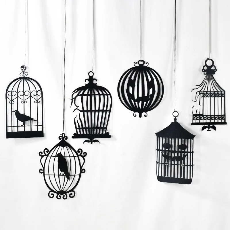 Guirxiété de Bannière en Papier pour Halloween, Corbeau Noir, Cage à Oiseaux, Décoration Intérieure de Maison, Accessoires d'Horreur