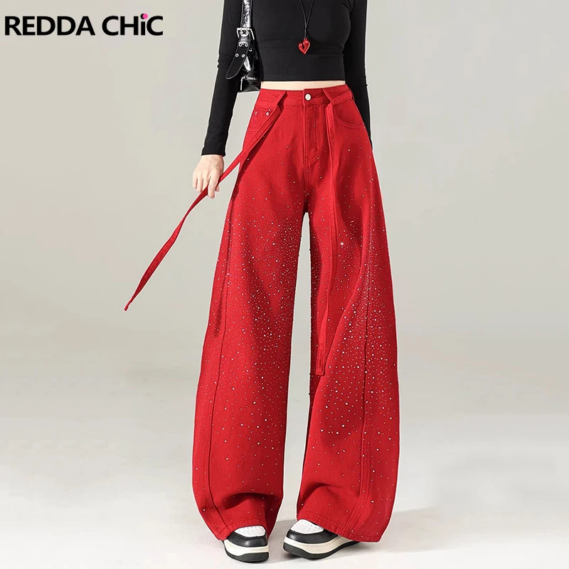 

REDDACHiC Women Trendy Red Rhinestone Jeans Kpop Sparkly Vintage Wash Patchwork Wide Leg Belted Barrel Pants Retro Everyday Wear