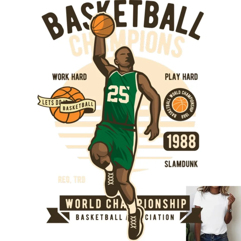 Basketball Champions Slam Dunk Pattern Heat Transfer White Ink Iron - on ，Suitable for T - shirts/Canvas Bags ，Casual Sports
