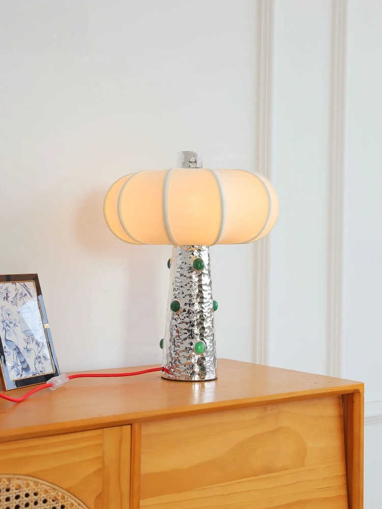 Silver Hammered Agate Mushroom Table Lamp Fabric Shade Bedside Bedroom Decor Night Lamp