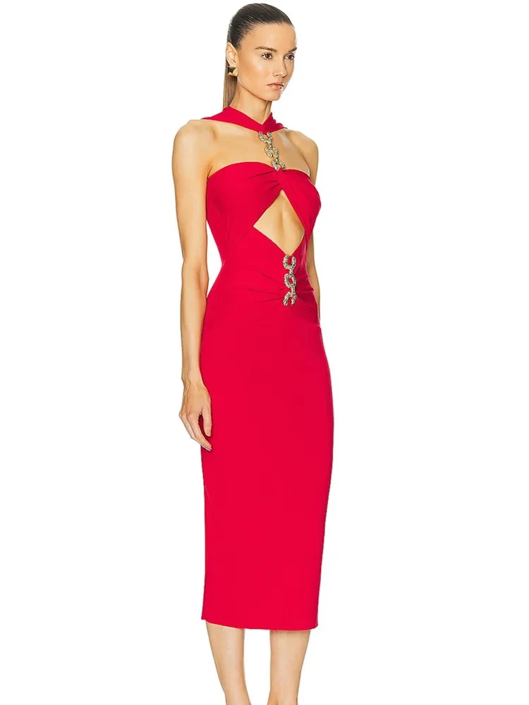 Summer Women Celebrity Sexy Cut Out Red Chain Bodycon Bandage Prom Dress 2024 Elegant Evening Club Cocktail Party Dress