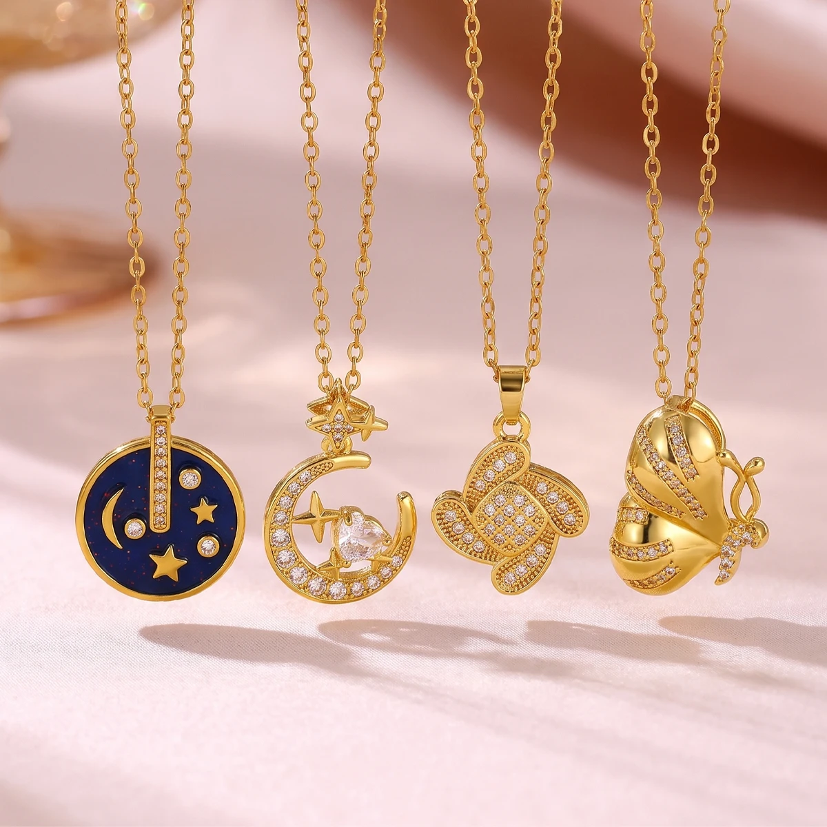 Vintage Cubic Zirconia Moon Butterfly Necklaces for Women 18K Gold-plated Anti Fading Choker Religious Jewelry Accessories Gifts