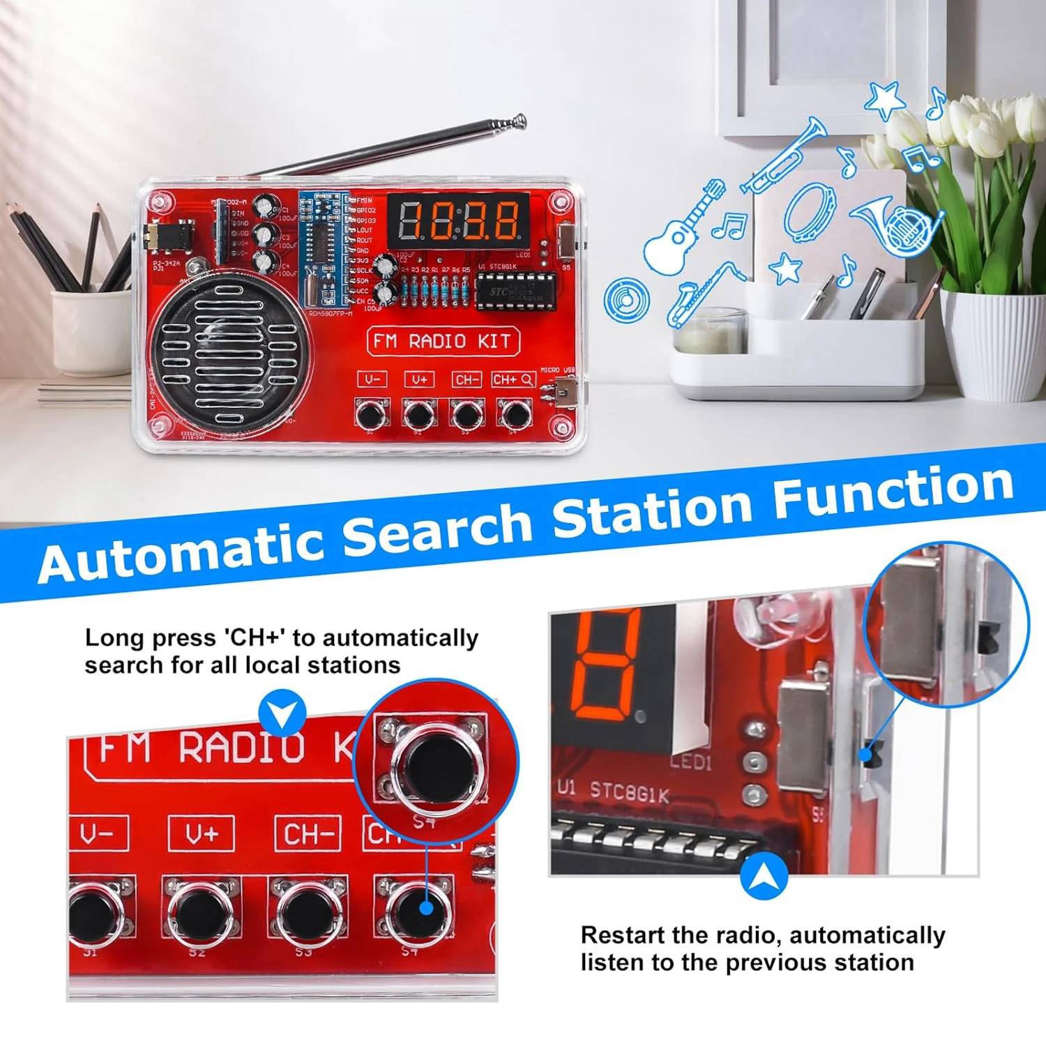 Portable DIY FM Radio Kit Soldering Project FM 87-108MHz with Headphone Jack Soldering Practice Kit with LED Display For STEM