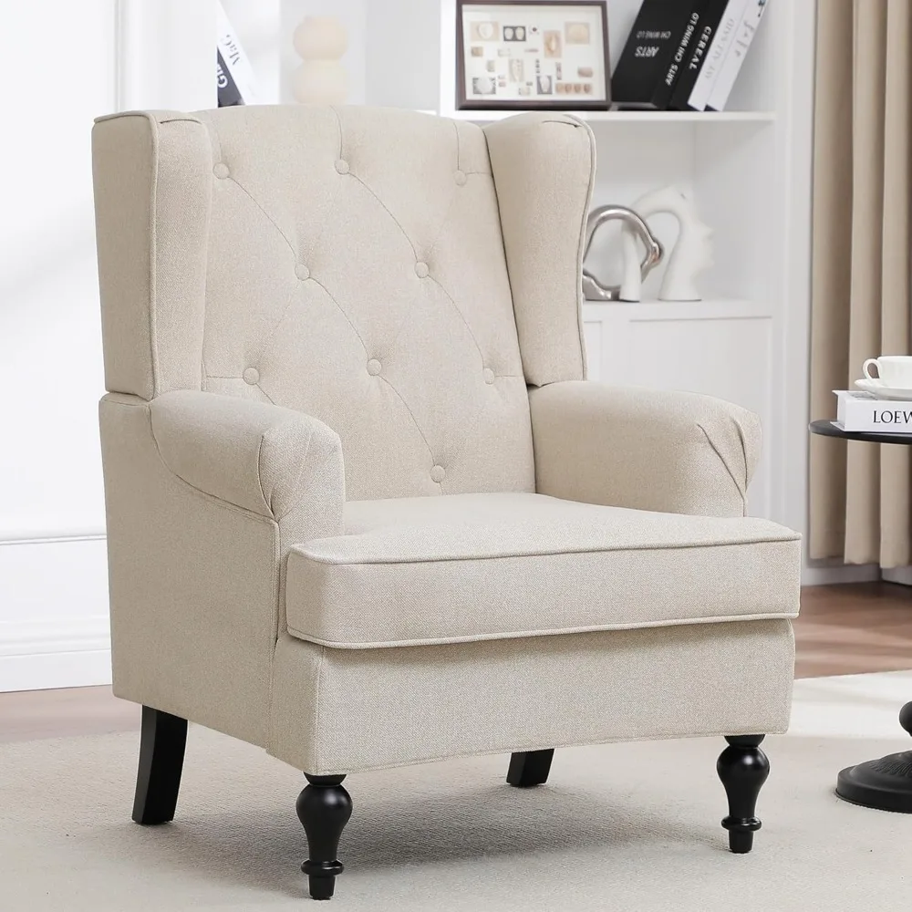 Mid-Century Modern Wingback Armchair: Upholstered Accent Chair with Tufted High Back and Solid Wood Legs for Comfortable Living