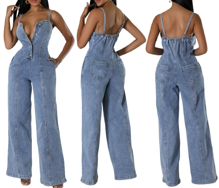 Combinaison en jean à bretelles pour femmes, mode décontractée et Sexy, pantalon à jambes larges