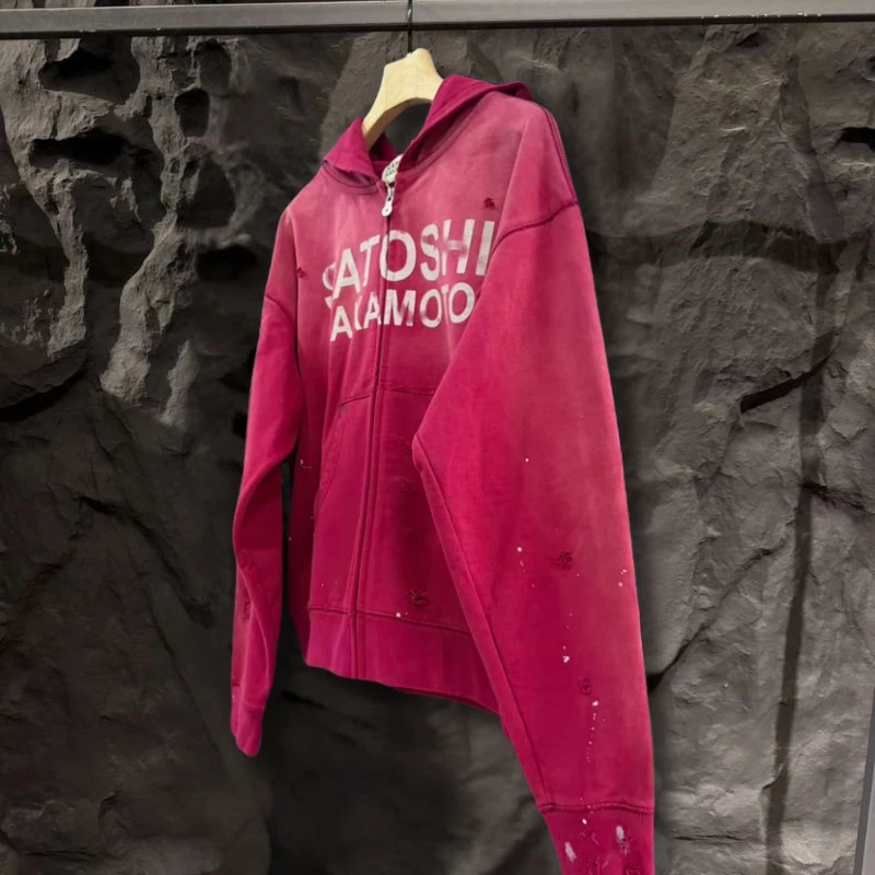 Vintage Washed Worn Red SATOSHI Jacket Splashed Ink Fading Letters Men Women Oversize Zippered Hoodie Loose Street Outfit