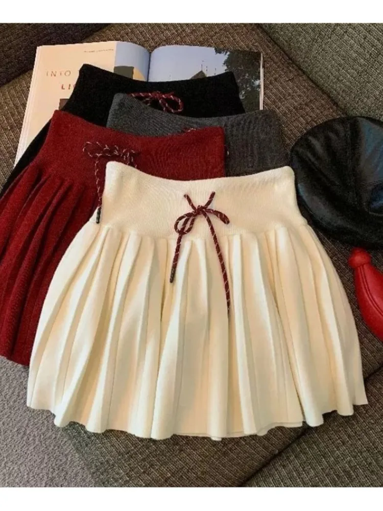 

Casual Mini Skirt Knitted Skirts For Woman Solid Color Package Hip Bowknot Drawstring Pleated Simple Style All-match Commuting