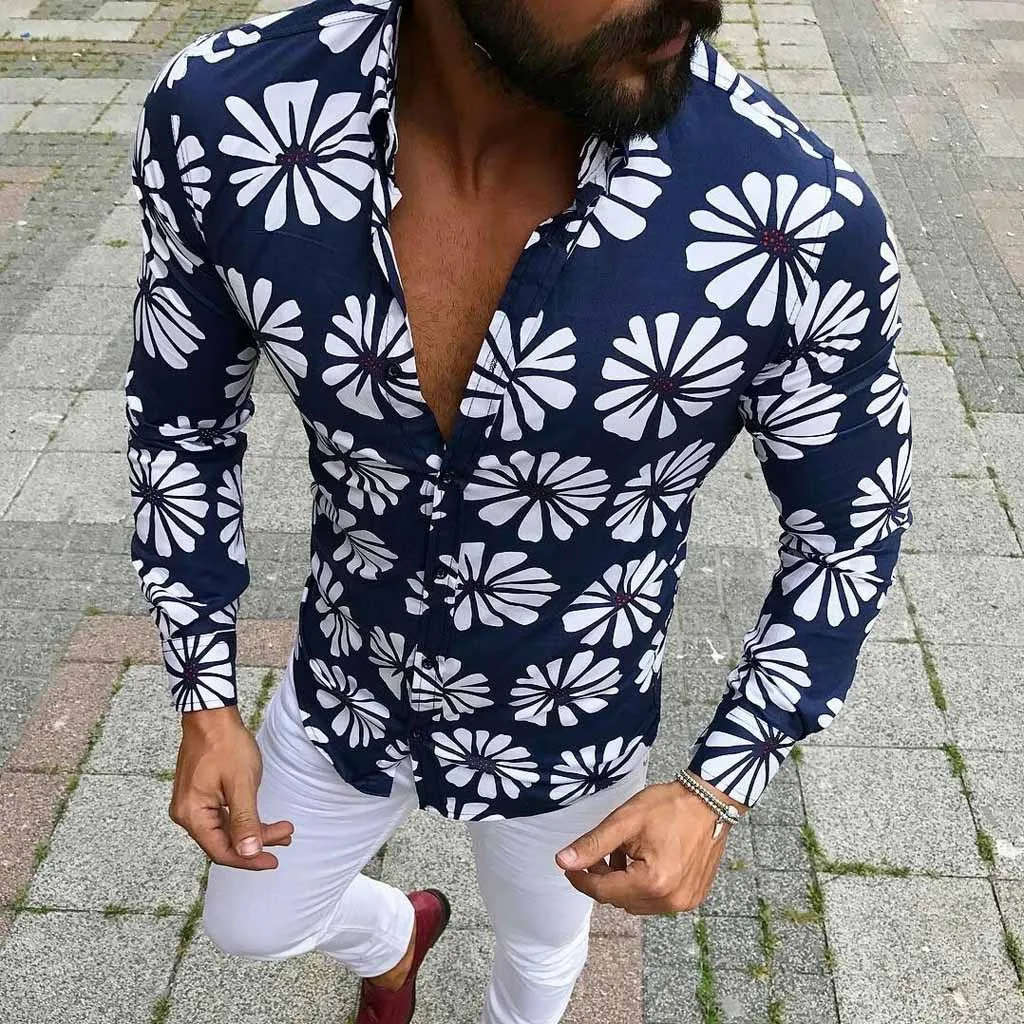 

Mens Autumn And Winter Floral Shirts Casual Long Sleeve Tops Business Loose Blouse Punk Fashion Basic 2024 New Christmas Shirts