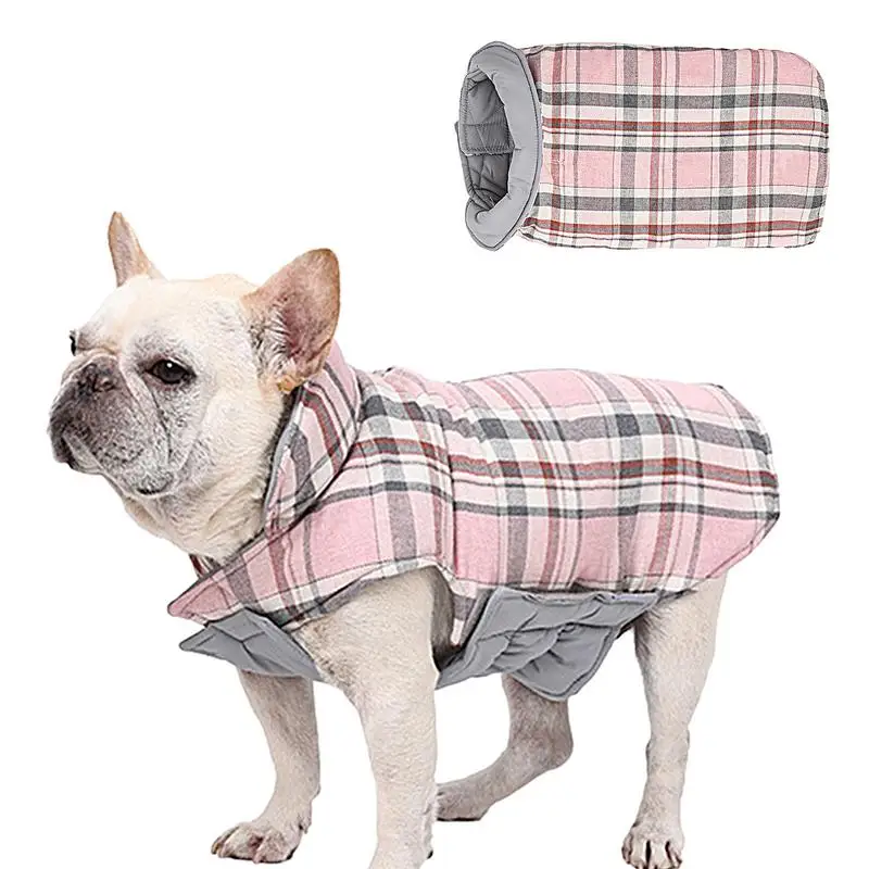 Winter Dog Jacket Windproof Dog Fleece Jacket Reversible British Style Plaid With Harness Hole Snow Clothes For Most Dogs