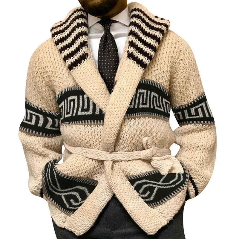 Jacquard Pattern Shawl Collar Men Sweater with Belt Winter Thicken Men's Knitted Cardigan  Fashion Male Coats Streetwear MY1094