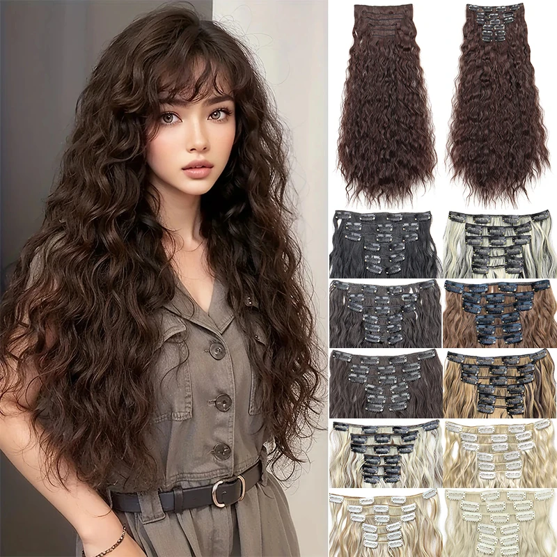 

Clip In Hair Extensions Long Water Wave Synthetic Hair for Adding Length and Volume, Corn Curly Clip in Extension for Women